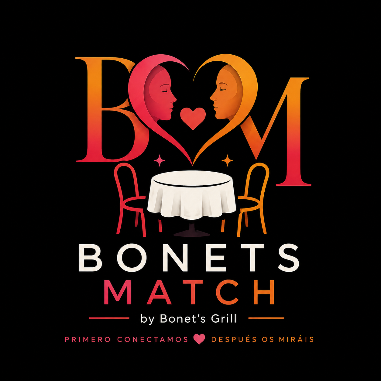 Bonets Match by Bonet's Grill — dos personas frente a frente formando un corazón sobre una mesa